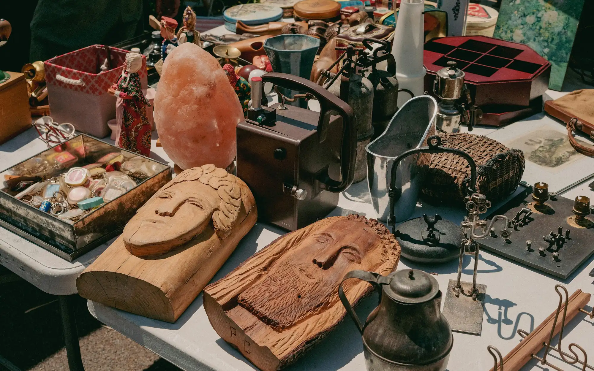 A flea market table full of finds